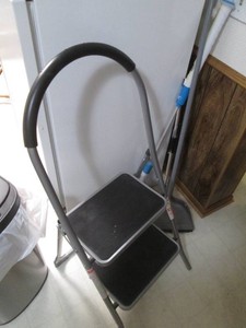 Folding step stool, broom, mop, dust pan and scrubber