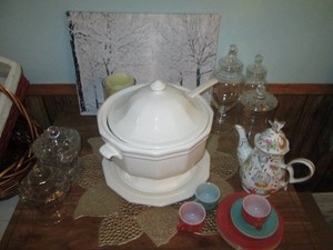 Porcelain Lidded server with ladle and plate, lidded glass candy dishes, saki cups with saucers and assorted decor
