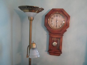Heavy metal freestanding floor lamp with adjustable 2nd head plus Wall mount wood regulator clock