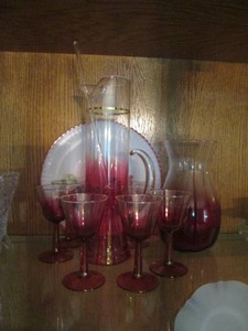 Vintage cranberry transitional Cocktail mixer with swizzle stir stick, water pitcher and 5pc stemware set