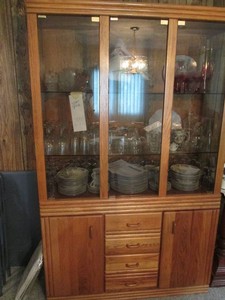 Vintage 2pc Lighted Wood China Hutch and Cabinet with glass doors, side panels and adjustable height shelves