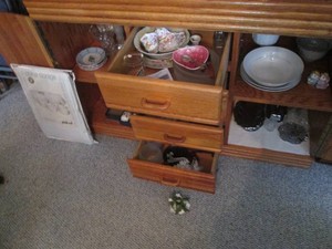 Vintage lidded candy dishes, decanter, bowls and serving pieces, seasoning shakers, candle holders and vases plus other Vintage goodies and quilted storage set
