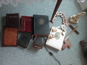 Vintage Bibles, religious decor and miniature Brass tone piano decor