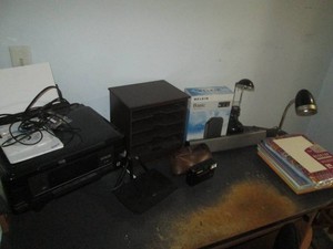 Epson XP-410 Small-in-One Printer, Linksys and Belkin wireless Routers, mini desk lamps and misc office supplies