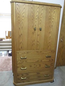 Wood wardrobe armoire dresser with antique brass tone hardware