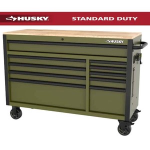 Husky Standard-Duty 52 in. W 10-Drawer Matte Army Green Mobile Workbench Cabinet with Solid Wood Top