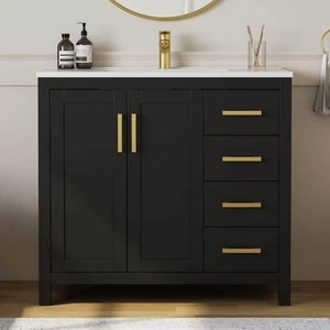 DELUXE DL LIVING Raven 37 in. Single Sink Black Bath Vanity with White Engineered Solid Surface Top and 4 Drawers