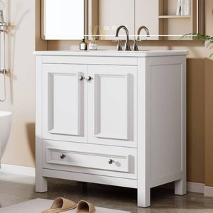 30 in. Single Sink Freestanding White Bath Vanity with White Ceramic Top Unassembled