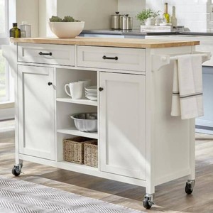 Home Decorators Collection Rockford White Rolling Kitchen Cart with Butcher Block Top and Double-Drawer Storage (56 in. W)