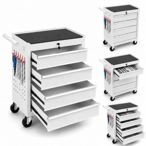 PioneerWorks 241329 White Cold Rolled Steel Heavy-Duty Lockable Rolling Tool Cart with 4 Drawers, Casters & Drawer Liners