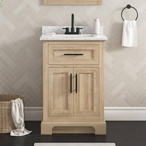 New - Home Decorators Collection Doveton 24 in. Single Sink Freestanding Weathered Tan Bath Vanity with White Engineered Marble Top (Assembled)