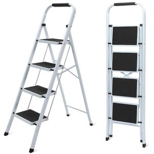 Tatayosi 4-Step Iron Folding Step Stool Ladder 550 lbs. Load Capacity (10 ft. Reach Height), White