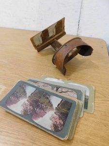 Antique View-Master Style Stereoscope Viewer  Wood & Metal  With Slides