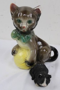 Ceramic Cat With Yarn & Black-and-White Cat Figurines
