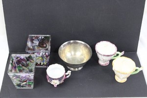 Decorative Floral Glass Containers, Teacups & Silver-Tone Bowl