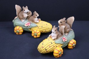 Harvest Squirrel Corn Wagon Figurines 7H x 9L