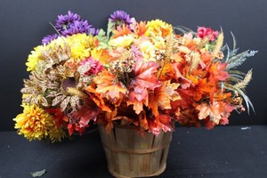 Artificial Autumn Floral Arrangement in Wooden Barrel Planter