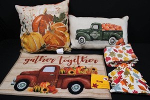 Fall Decor Mixed Lot - Harvest Pillows, Leaf Napkins & Truck Rug