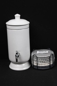 White Ceramic Beverage Dispenser & Gray Braided Coasters Mixed Lot