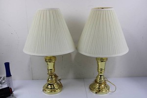 Pair of Gold-Tone Table Lamps With Pleated Shades 27H