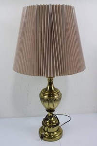 Ornate Very Heavy Brass-Tone Table Lamp With Pleated Shade 32H
