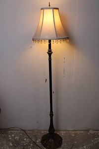 Ornate Floor Lamp With Patterned Shade and Beaded Fringe 59H