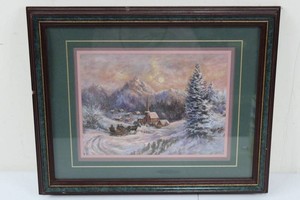 Framed Winter Village Mountain Scene Artwork - 16 X 13 in