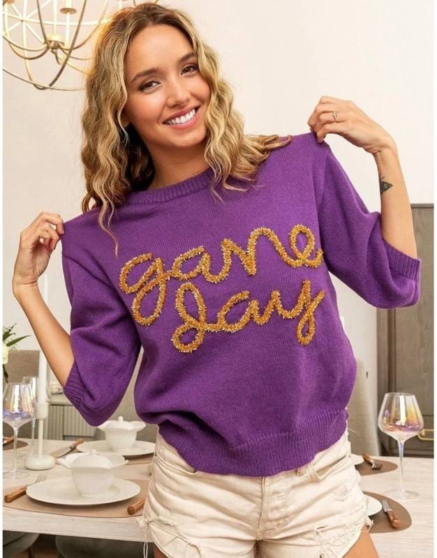 BiBi Game Day Metallic Letter Short Sleeve Sweater - Size Womens Small, $48 Retail - New