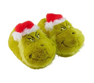 Grinch Holiday Santa Hat Plush Slippers, Youth Size 11-12 - New