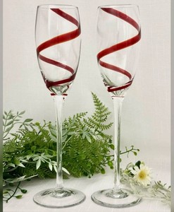Red Spiral Glass Champagne Flutes, 2 Total - New
