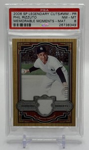 Phil Rizzuto PSA 8 Game-Used Swatch 225 2006 SP Legendary Cuts Memorable Moments Baseball Card No. MM-PR