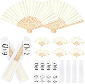 $39 50Set Wedding Hand Fans Party Favors Cream Paper Folding Handheld Fans Bulk, DIY Bamboo Fans with Thank Tag Organza Bag for Summer Guests Bridal Dancing Props Church Decoation