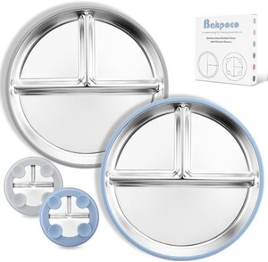 Bakpoco Stainless Steel Toddler Plate with Suction, 9 Divided Plates with Removable Silicone Sleeves for Kids, Non Toxic & BPA Free  Non Slip  Unbreakable Baby Snack Dishes Set of 2, Blue & Gray