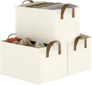 $26 Closet Storage Bins, Fabric Closet Organizers and Storage Basket for Shelves, Collapsible Shelf Baskets for Organizing Shelves, Bedroom Clothes Basket, Beige, 3 Pack