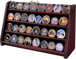 $40 Challenge Coin Display Case, 4 Row Solid Wood Military Coin Holder Rack Stand Holds 30 Coins for Desk or Wall Mount, Coin Holders for Collectors (Mahogany Finish)