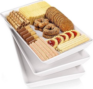 $49 DELLING 16 Inch Large Serving Platters Set of 3 (All Same Size), White Porcelain Serving Trays - Microwave & Oven Safe - Rectangular Platters for Party, Holiday, Thanksgiving, Entertaining