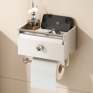 $22 Voldra Toilet Paper Holder with Shelf, Flushable Wipes Dispenser for Bathroom, Adhesive Toilet Paper Roll Holder with Storage Wall Mount Stick On Bathroom Tissue Holder Front Flip Design (Matte White)