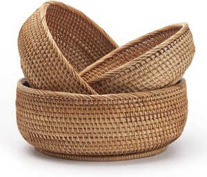 $36 Round Rattan Fruit Baskets Woven Storage Bowls Key Holder Stackable for Shelf Kitchen Tabletop Natural Set of 3