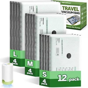 $25 12 Packs Vacuum Bags for Travel with Rechargeable air Pump, 3 Sizes Vacuum Seal Bags for Clothing, Space-Saving Compression Storage Bags for Travel & Closet Organization