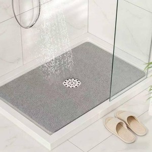 HITSLAM Shower Mat with Center Drain Hole, 24 x 16 Inch Non Slip Bath Mat for Textured Tub, Soft Loofah-Style Bathtub Mat Without Suction Cup, Quick Drying Stall Floor Mat, Bathroom Accessories, Grey