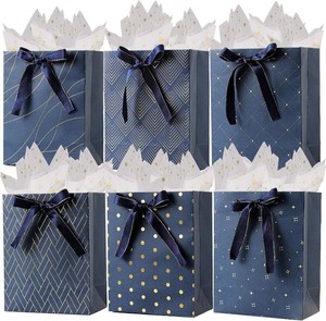 Enfoldia 6 Pack 9 Medium Navy Blue Gift Bags with Handles Gold Star Tissue Paper for Men Birthdays Fathers Day Paper Bag Bulk Graduation Christmas Party Favor Bags Shopping Gift Wrap Bags