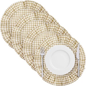 4 Pcs 15 Inch Linen Scalloped Round Placemats, Thin Plaid Place Mats with Ruffle, Washable Placemats Table Mats for Kitchen Dining Holiday Gatherings Decor(Green)
