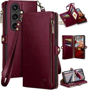 $23 XcaseBar compatible with Samsung Galaxy S25 Wallet case with Zipper Credit Card Holder RFID Blocking ,Flip Folio Book PU Leather Phone case Shockproof Cover Men Women for Samsung S25 case Wine Red