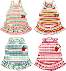 Cute Small Dog Dress Girl Female Dog Clothes Spring Summer Pet Puppy Cats Striped Dress Outfits for Shih Tzu Yorkies Chihuahua Maltese(2 Pcs,Small)