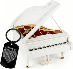 Piano Shaped Music Box with Cant Help Falling in Love Engraved Keychain Set, Creative Musical Keepsake, Romantic Anniversary Birthday Gift for Her, Wife, Girlfriend, Music Lover Gift