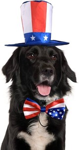 Uncle Sam Dog Top Hat & American Flag Dog Bow Tie Collar - 4th July Pet Costume Set for Dogs & Cats (2Pcs, Satin, Adjustable Size)