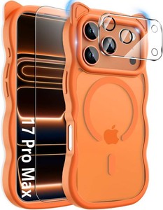 $22 3 in 1 Magnetic for iPhone 17 Pro Max Case for Women Girls,1X Screen Protector1X Camera Lens Protector,Compatible with MagSafe,Translucent Matte,Cute Cat-ear Wavy Phone Case,6.9,Black, Stock Photos for Illustrative Purposes