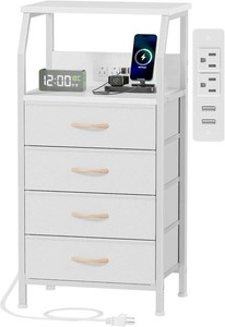 $60 Furnulem White Nightstand with Charging Station, 4 Drawers Bedside Table