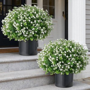 $60 2 Set Artificial Eucalyptus & Flowers Topiary Trees for Porch (White-Green)
