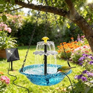 $30 Yeomi Solar Fountain for Bird Bath, Solar Cascade Hanging Bird Bath Fountain, Large Hummingbird Bath with Solar Pump & Clear Blue Bowl, Outdoor Garden Decor